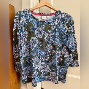 Rafaella Weekend Green Blue White Pink Paisley 3/4 Sleeve Top 1X